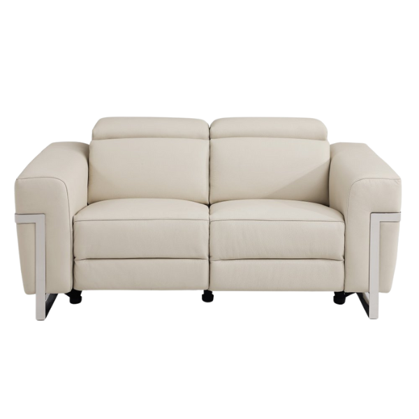Beige Italian Leather Power Reclining Sofa and Loveseat Set - 5-Person Seating with Silver Metal Legs