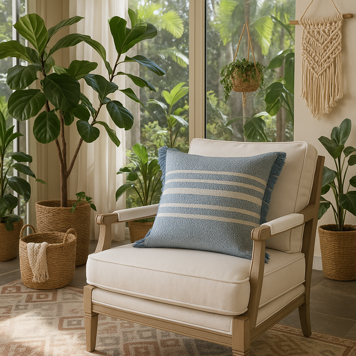 Premium 24" Blue and Off White Striped Indoor Outdoor Throw Pillow with Decorative Fringe