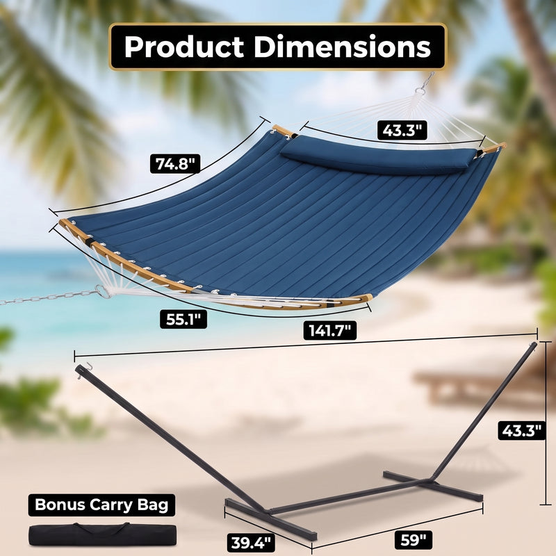 2-Person Outdoor & Indoor Hammock with Adjustable Height, Pillow & Stand – Portable, Sturdy, Colorful - 2