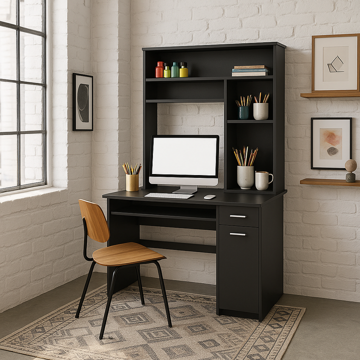 Zeno Executive Pro 43" Black Computer Desk with Hutch – Elevate Your Professional Workspace