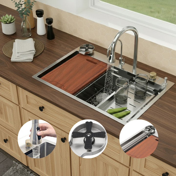 33in. *22in.*10in. Drop In 304 Stainless Steel Workstation Kitchen Sink With Dual Built-in Ledge, Top Mount Single Bowl Workstation Sink With Pull-Out Spray Head Faucet And Rainfall faucet ,Cup Washer