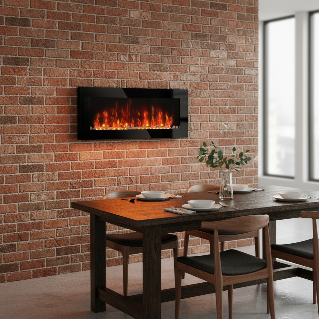 HOMCOM 41.3" 1500W Electric Wall-Mounted Fireplace with Flame Effect, 7 Color Background Light, Black