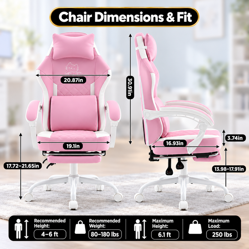 Pink Gaming Chairs – High-Back Reclining Styles with Footrest & Lumbar Support - 2