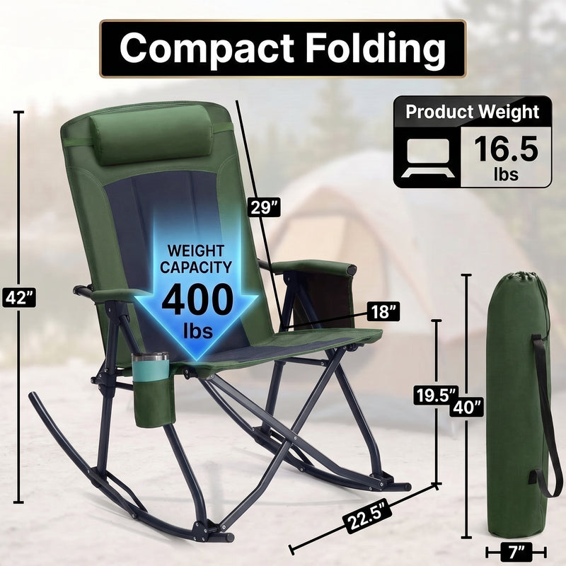 High Back Folding Rocking Camping Chair – Oversized Portable Outdoor Rocker with Cup Holder, Carry Bag & Heavy-Duty Steel Frame - 2