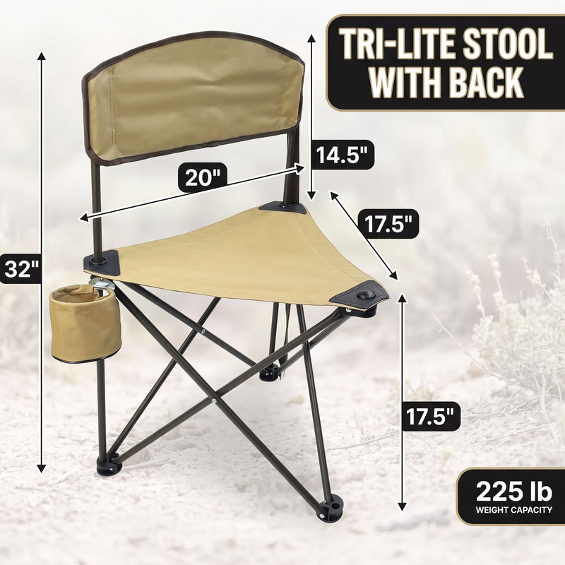 Tri-Lite Stool w/Back, Lightweight Portable Fishing Chair w/Cupholder and Carry Strap, Supports 225-Lb, Portable Outdoor Chair for the Hunting Blind, Camping, Travel, Hiking - 2