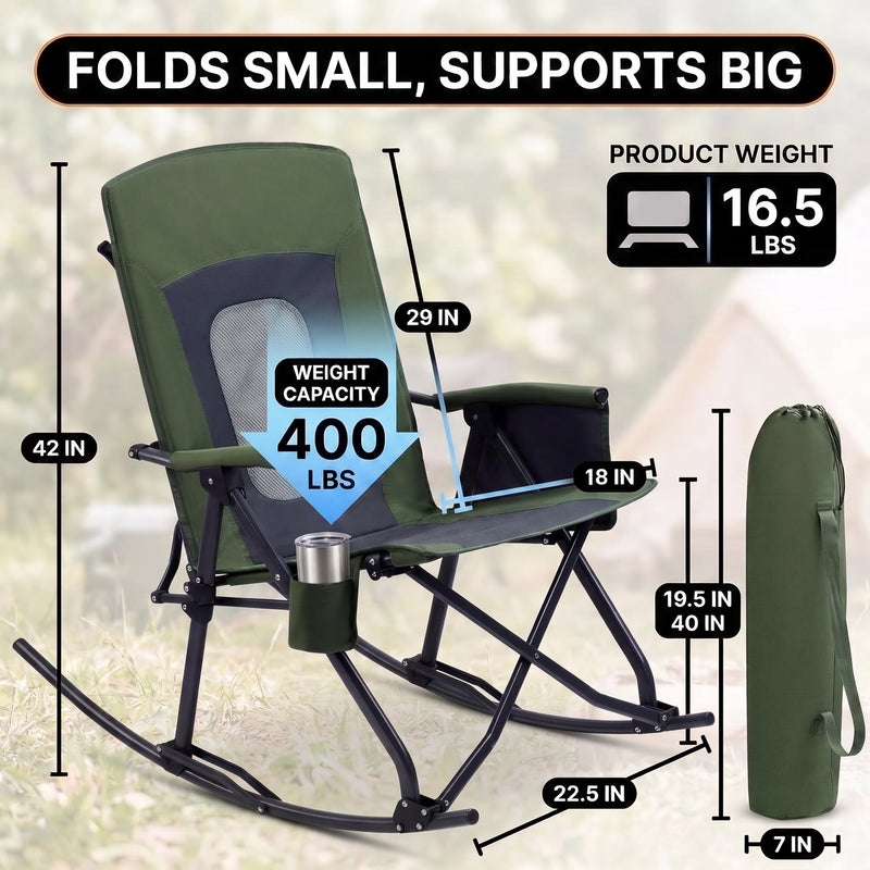 High Back Folding Rocking Camping Chair – Oversized Portable Outdoor Rocker with Cup Holder, Carry Bag & Heavy-Duty Steel Frame - 2