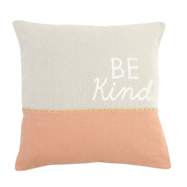 20" Natural and Coral Hand Woven Text Indoor Outdoor Throw Pillow Cover With Embroidery