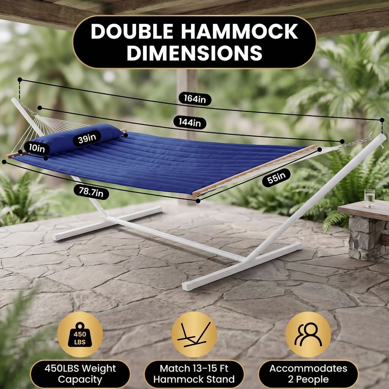 2-Person Quilted Outdoor Hammock 12FT – Double Layer with Pillow & Storage - 2