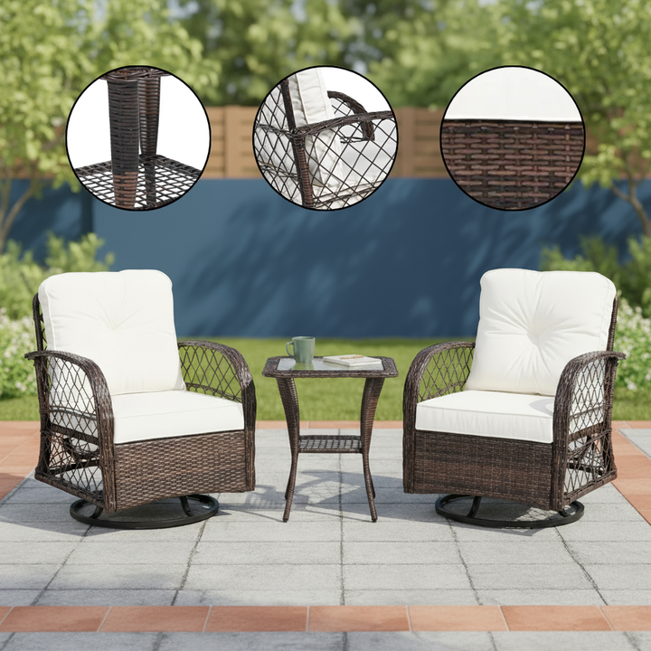 3-piece Outdoor Chair&Table Set Chat Set 2-person Rattan Seating Group with Two Swivel Chairs and a Square Table for Garden, Patio, or Balcony, Brown