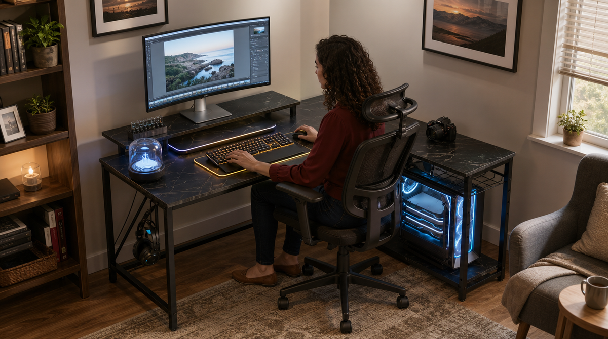 L-Shaped Gaming Desk with LED Lights & Power Outlets - image 2