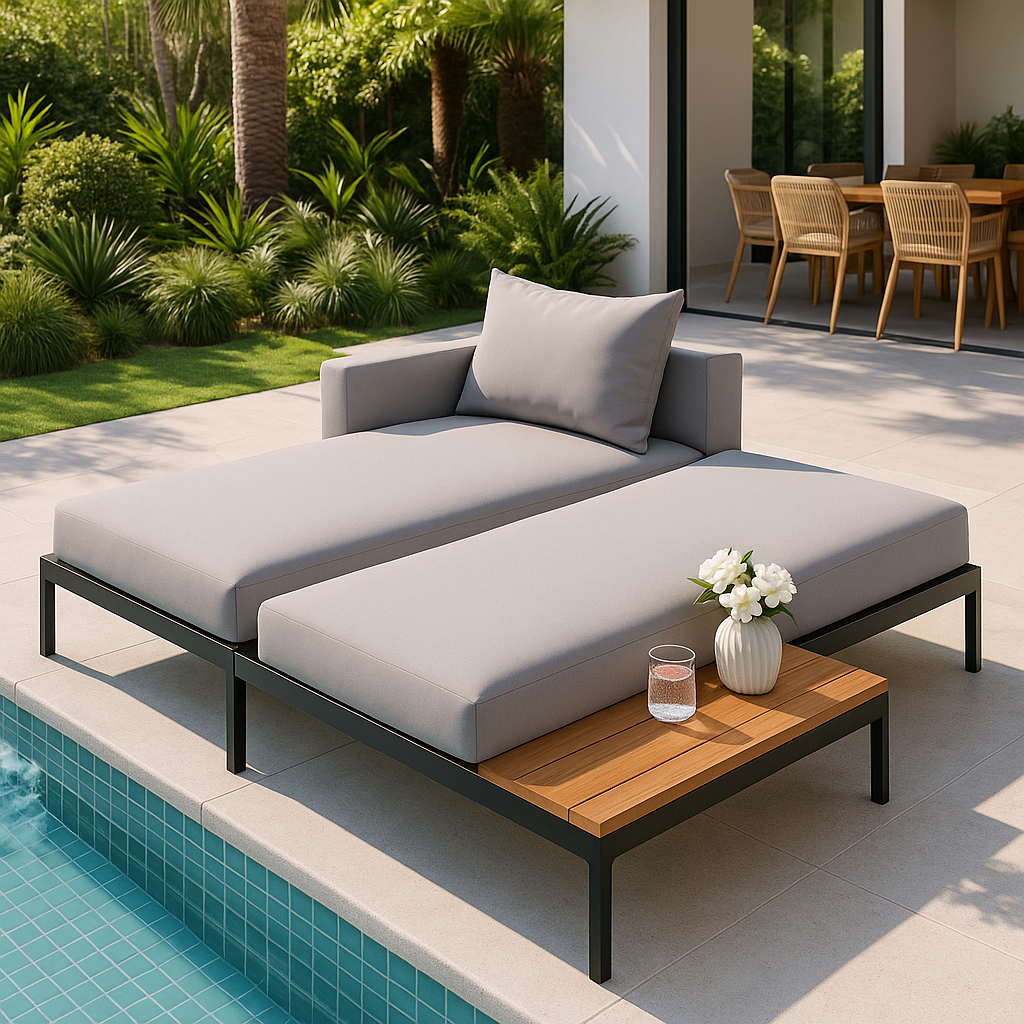 TOPMAX Modern Outdoor Daybed - Premium 2-in-1 Patio Metal Daybed with Acacia Wood Side Tables, Padded Chaise Lounges for Poolside, Balcony & Deck in Elegant Gray