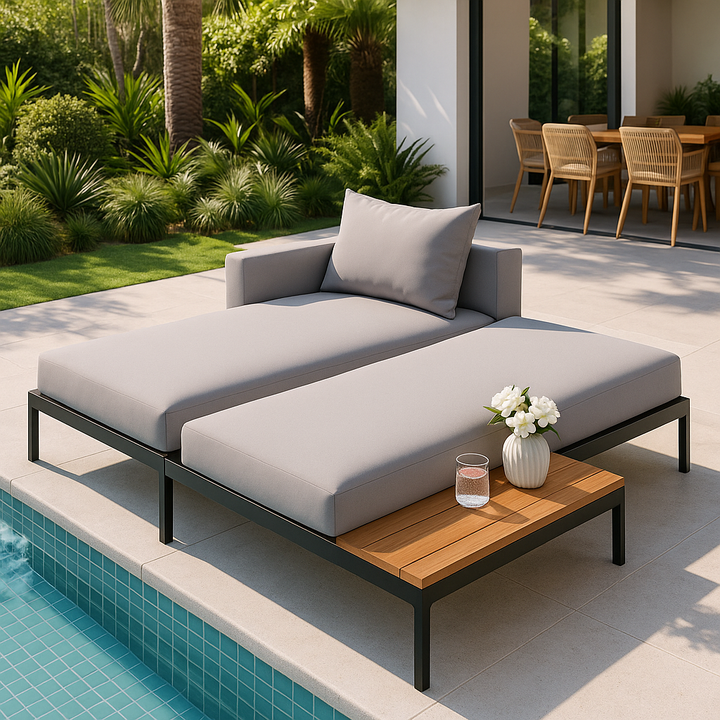 TOPMAX Modern Outdoor Daybed - Premium 2-in-1 Patio Metal Daybed with Acacia Wood Side Tables, Padded Chaise Lounges for Poolside, Balcony & Deck in Elegant Gray