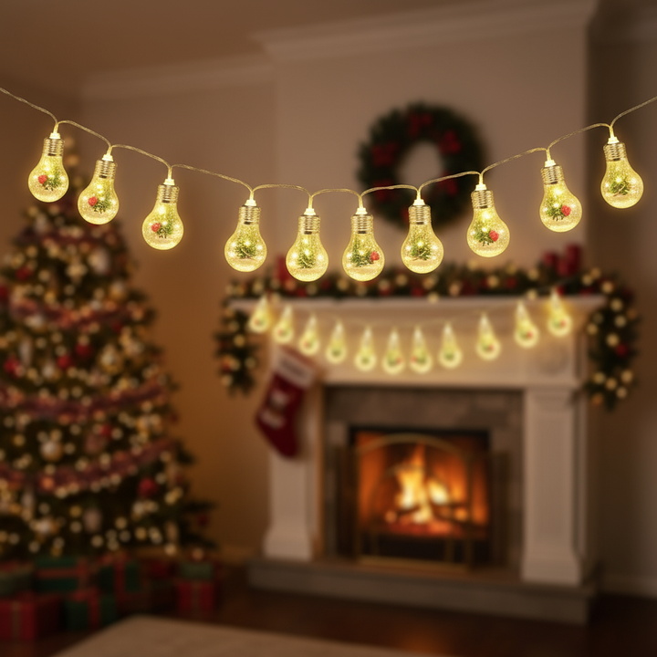 13.78FT Christmas Snow Globe String Light Battery Powered 10 LED Bulbs Indoor Christmas Lights with Pine Needles Snowflakes Berries