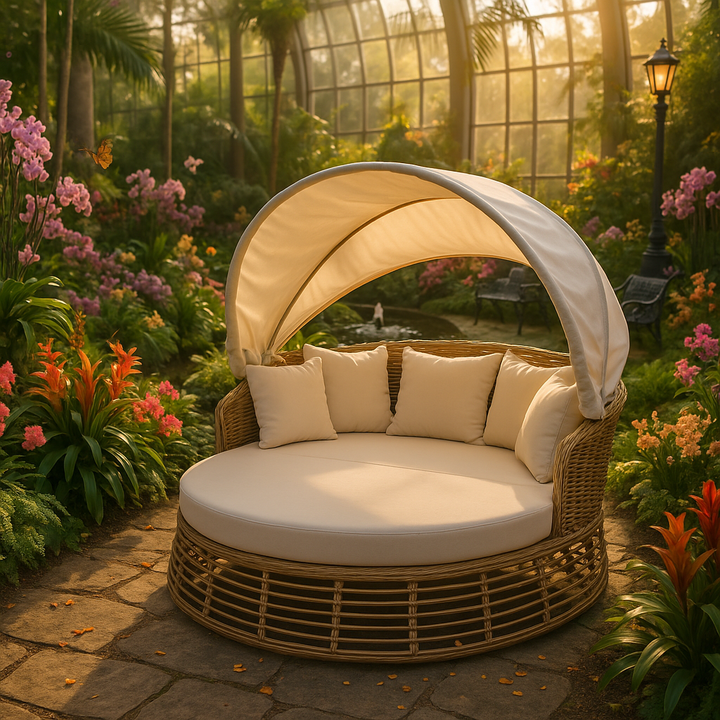 Luxurious 51" Beige Wicker Patio Daybed with Retractable Canopy and Premium Cushion Set
