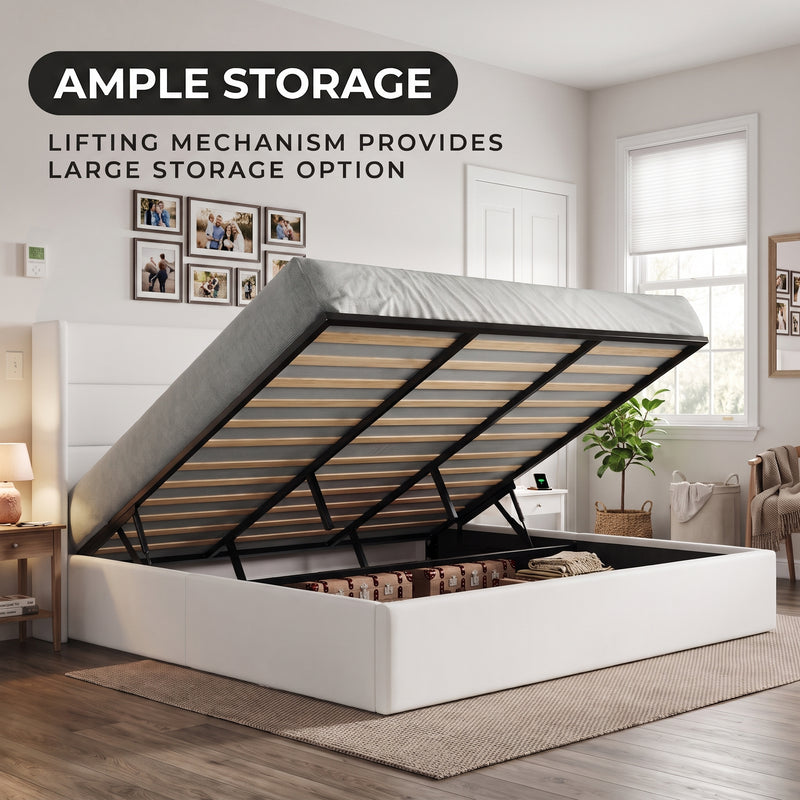 Lift-Up Storage Bed Frame with Upholstered Wingback Headboard - 2