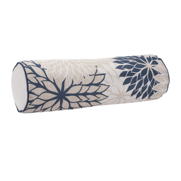 Modern and sophisticated  6" x 20" Beige Blue and Ivory Bolster Floral Indoor Outdoor Throw Pillow