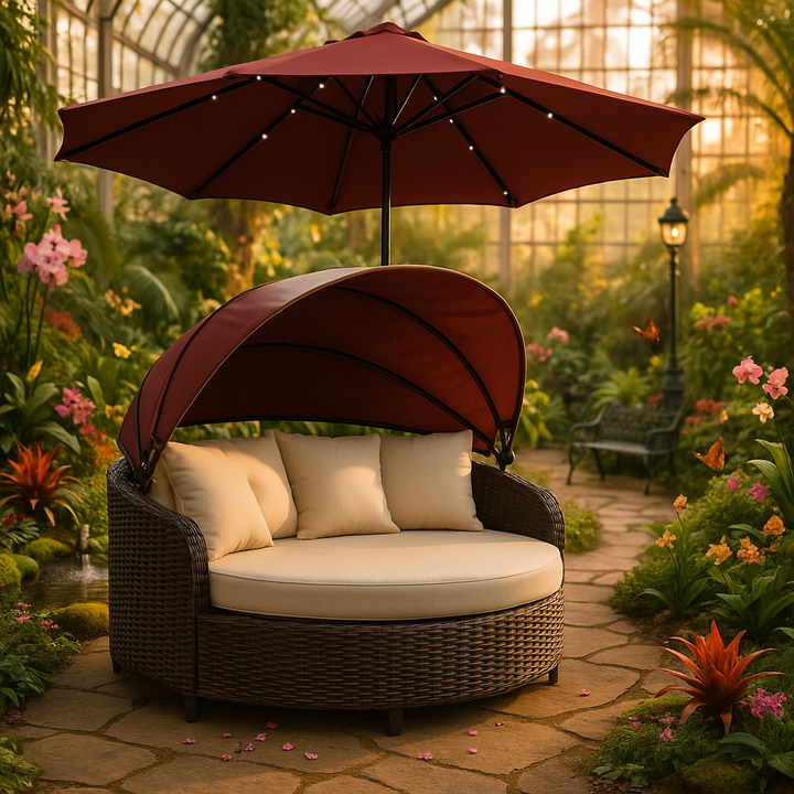 Premium 106" Red Solar-Powered Market Patio Umbrella with LED Lights and Concrete Base