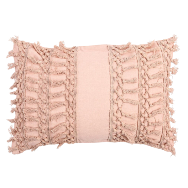 Pastel Pink Handmade Boho Lumbar Pillow Cover with Tassels