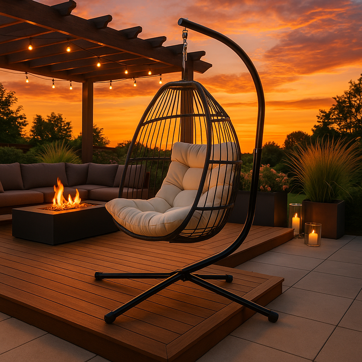 Outdoor Patio Wicker Folding Swing Hammock Egg Chair With Cushion And Pillow, Beige - 330lb Capacity Single Hanging Chair with Steel Stand for Indoor/Outdoor Relaxation