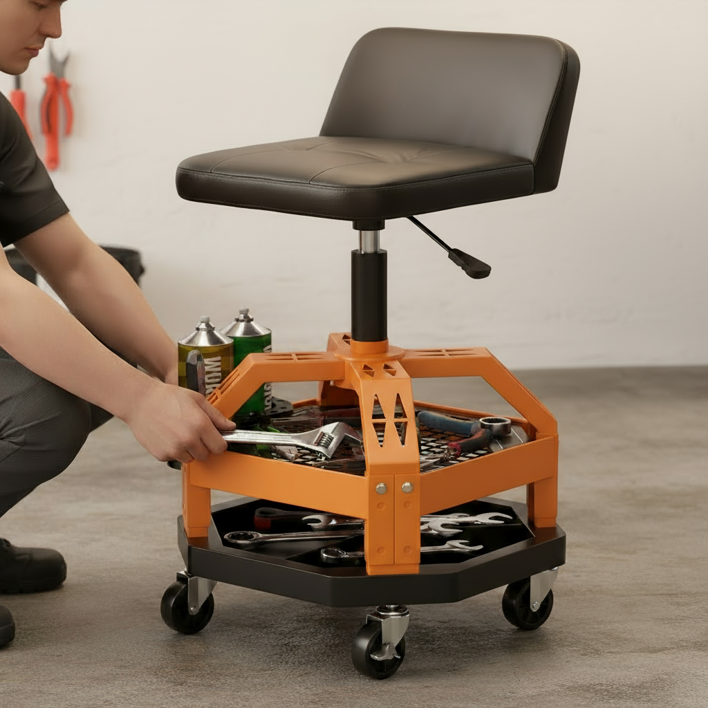 Rolling Garage Mechanic Stool with Tool Tray – Adjustable Height 300 lbs Capacity (Yellow) | Trufairs