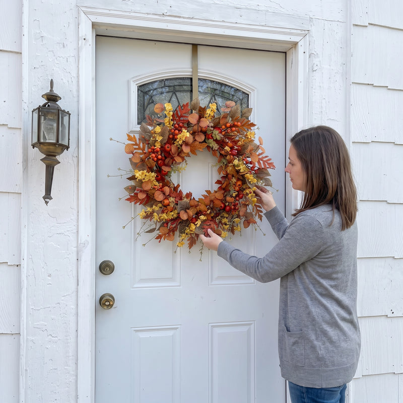 22-Inch Artificial Fall Wreath for Front Door – Berry, Pumpkin & Floral Styles - 2