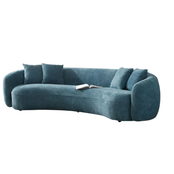 5-Seater Blue Boucle Curved Sectional Sofa - Half Moon Modern Living Room Couch with 4 Throw Pillows