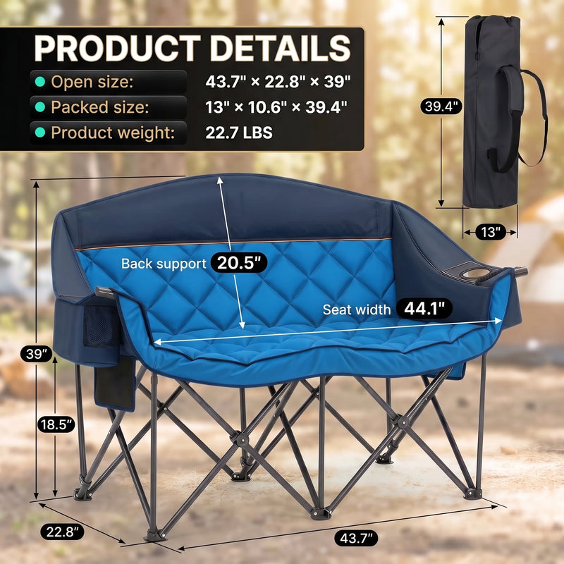 Oversized Padded 2-Person Folding Camping Loveseat Chair – Heavy Duty Outdoor Seating - 2