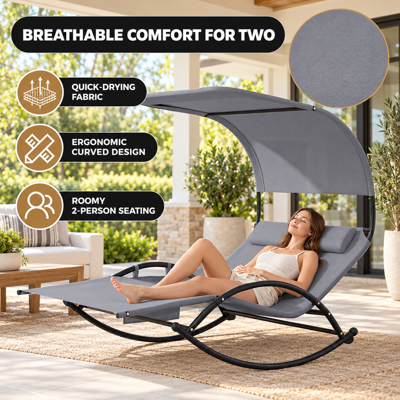 Outdoor Chaise Lounger with Canopy – Single & Double 2-Person Patio Sun Lounger with Cushions & Headrest - 2