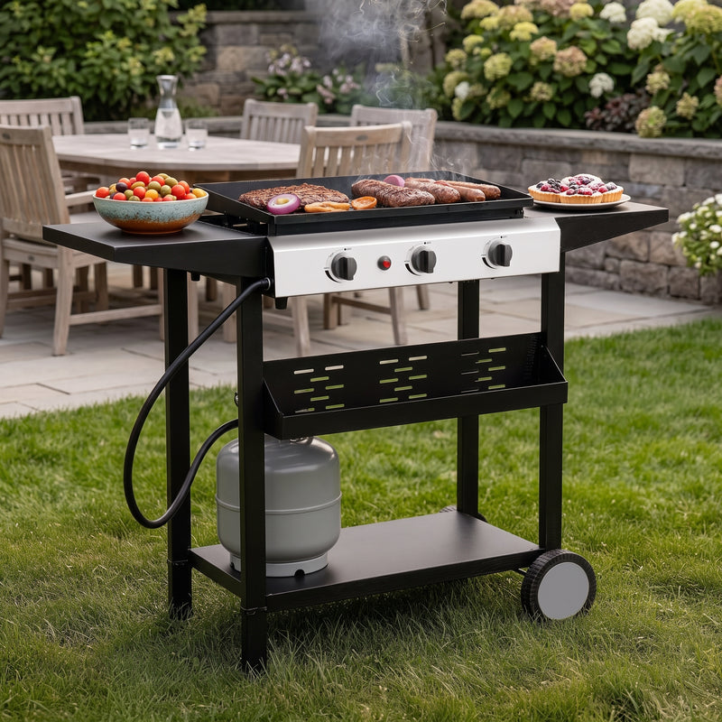 2 & 3 BURNER PORTABLE PROPANE FLAT TOP GRIDDLE – 20,000–45,000 BTU OUTDOOR GRIDDLE WITH SIDE SHELVES & CART - 2