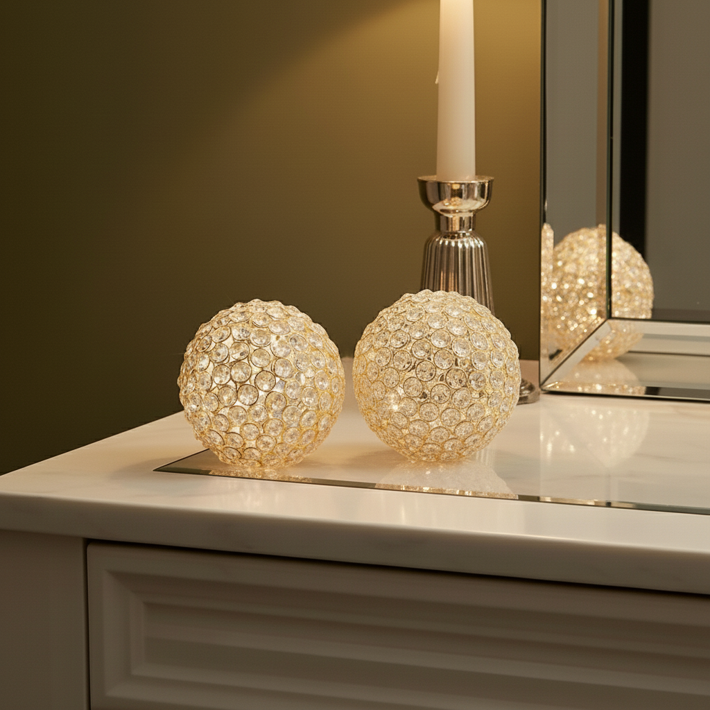 Set Of Two 5" Silver And Clear Faux Crystal Decorative Orb Sculptures