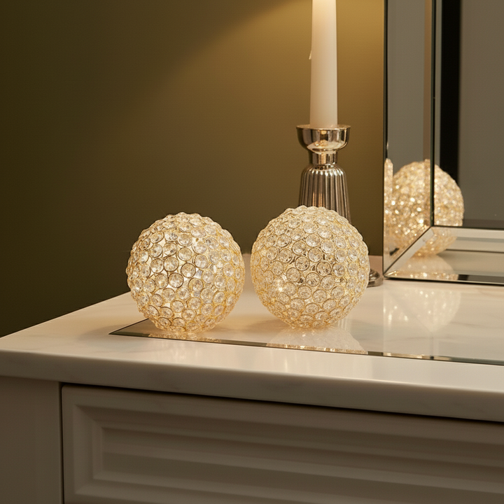 Set Of Two 5" Silver And Clear Faux Crystal Decorative Orb Sculptures