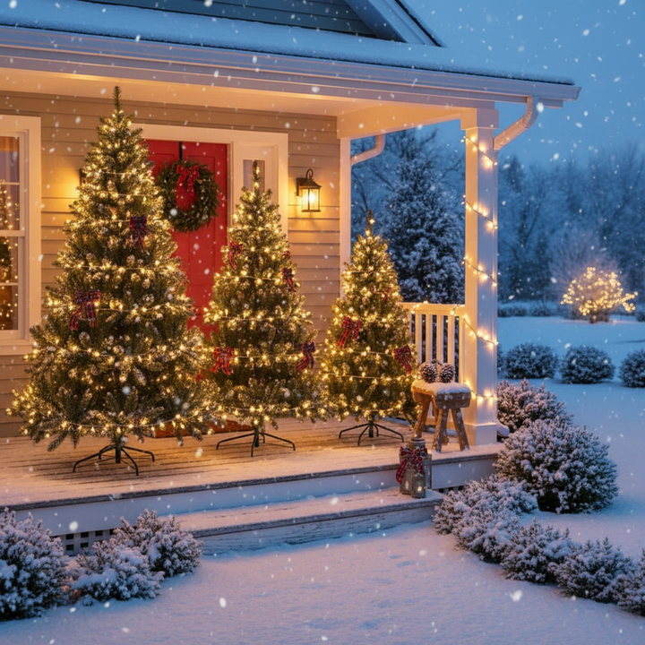 8FT, 6FT, 4FT Pre-Lit Green Pine Artificial Christmas Tree, Set of 3 Hinged Xmas Trees with 820 Warm-Yellow LED Lights and 2539 Branch Tips, Holiday Decoration for Home,Office and Party