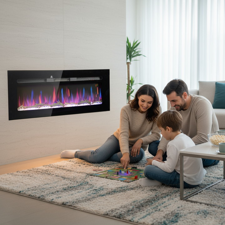 HOMCOM 50" Electric Fireplace Recessed and Wall Mounted with Remote Control, 1500W Fireplace Heater with 8H Timer, Adjustable Flame Color and Brightness, Log and Crystal