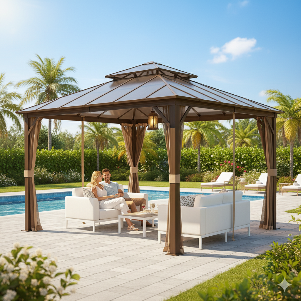 Exclusive 12' x 12' Hardtop Gazebo - Premium Permanent Outdoor Pavilion with Polycarbonate Double Roof