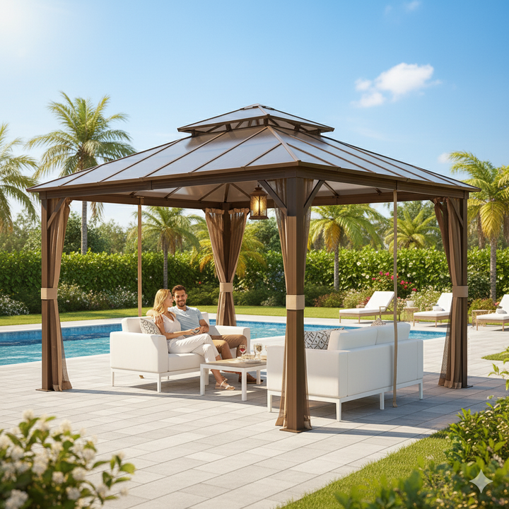 Exclusive 12' x 12' Hardtop Gazebo - Premium Permanent Outdoor Pavilion with Polycarbonate Double Roof