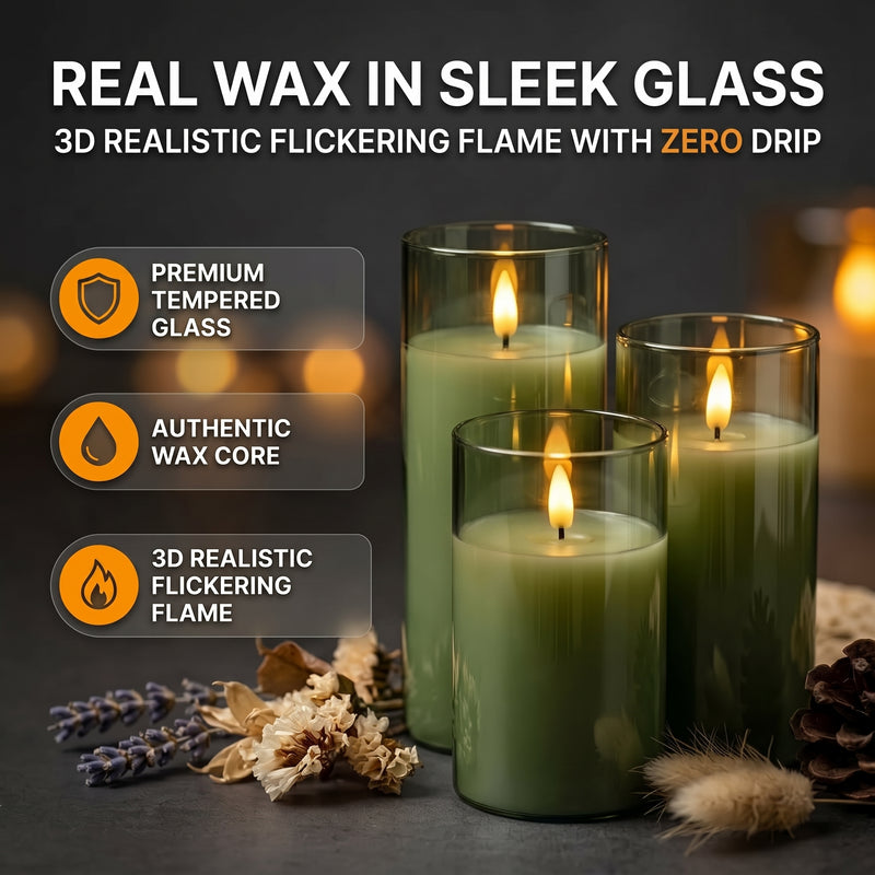 Flameless Candles with Remote & Timer – Glass Pillar Set of 3 - 2