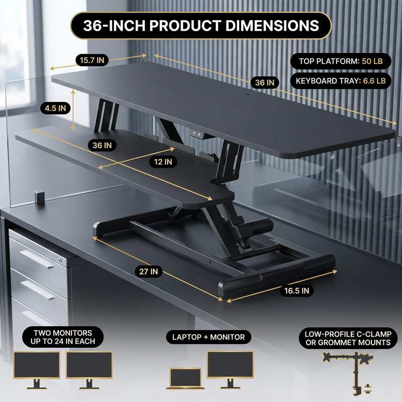 Standing Desk Converter, Height Adjustable Sit to Stand Desk Riser, Pneumatic & Electric Dual Monitor Laptop Workstation with Wide Keyboard Tray - 2