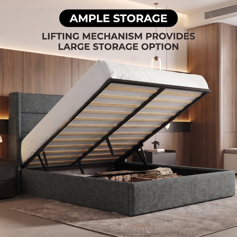 Lift-Up Storage Bed Frame with Upholstered Wingback Headboard - 2