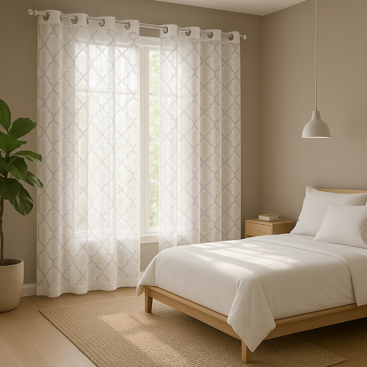 premium Fretwork Burnout Sheer Curtain Panel - 50" Wide Ivory Abstract Pattern Window Treatment with Silver Grommets (Single Panel)