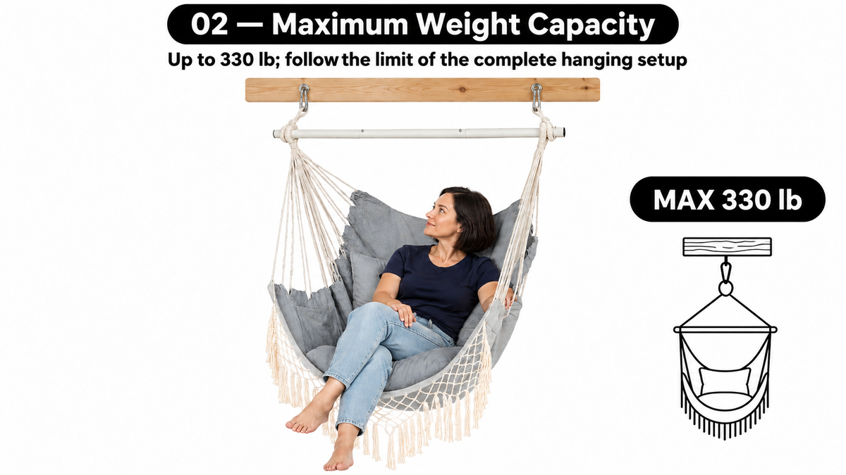 Boho Macrame Hammock Chair with Fringe, 2 Cushions & Side Pocket -  limitations image 3