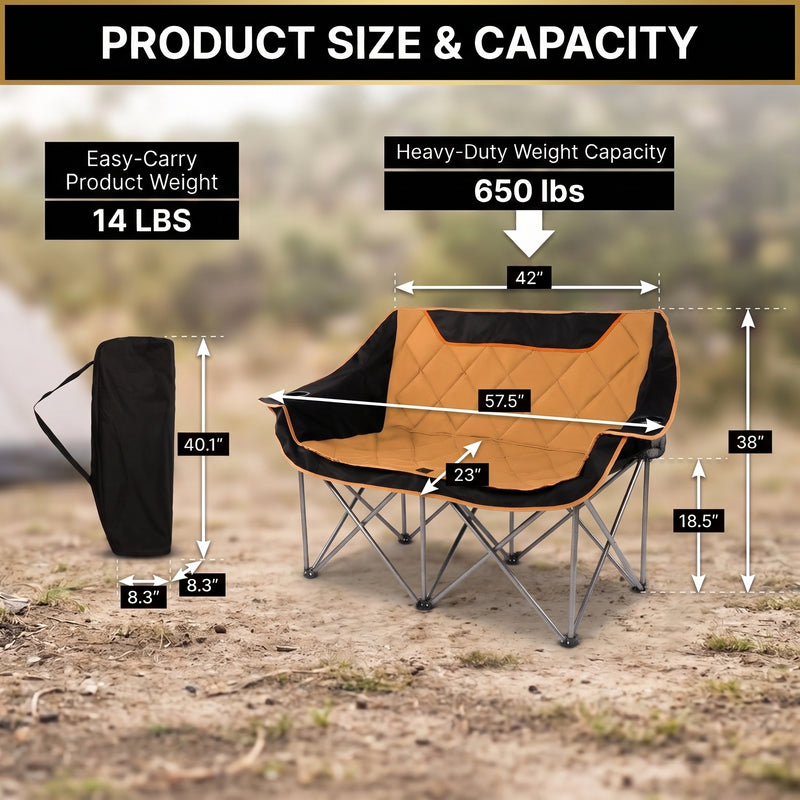 Oversized Padded 2-Person Folding Camping Loveseat Chair – Heavy Duty Outdoor Seating - 2