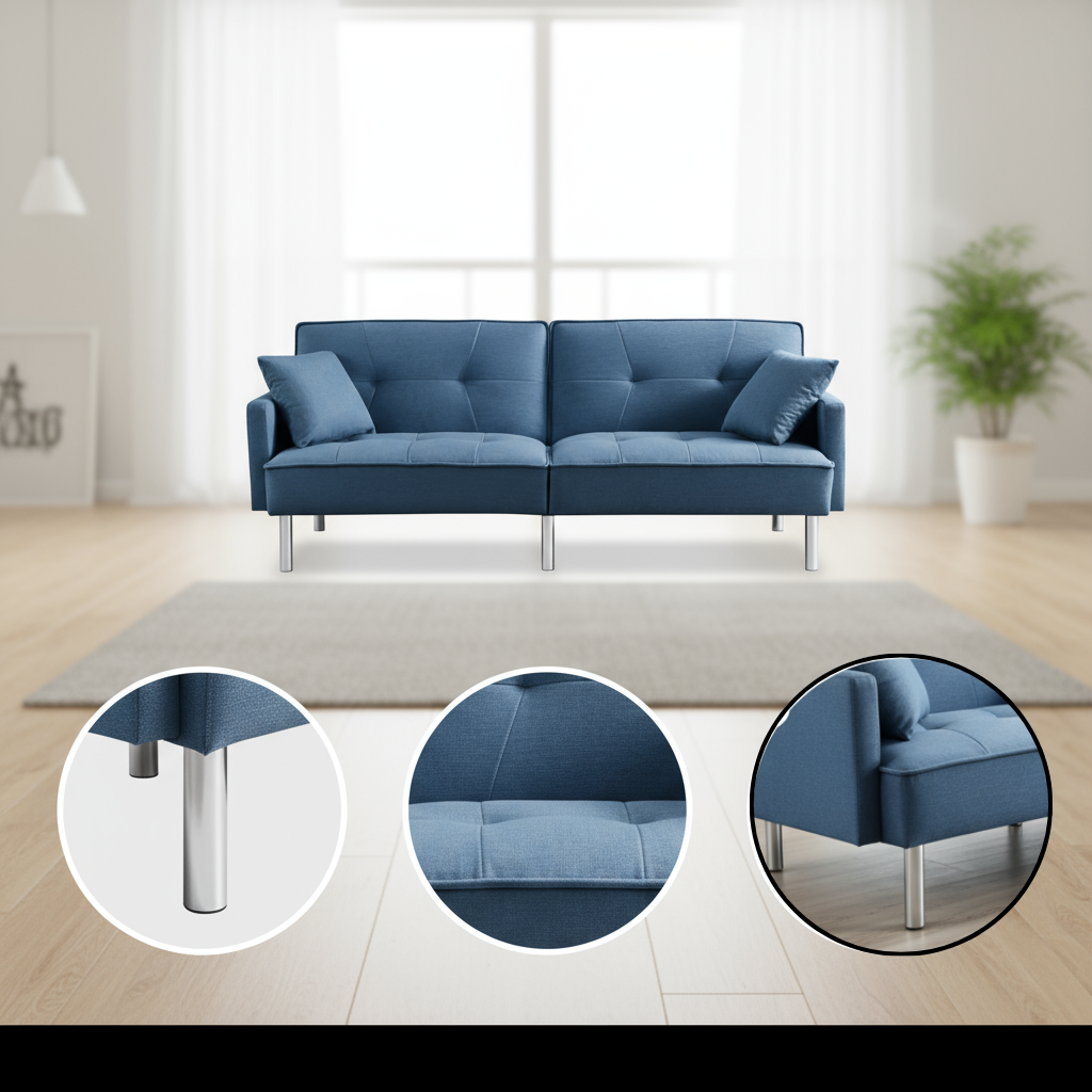 85" Blue Polyester Blend Convertible Futon Sleeper Sofa And Toss Pillows With Silver Legs