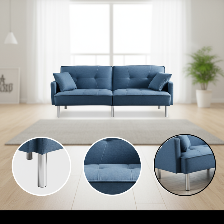 85" Blue Polyester Blend Convertible Futon Sleeper Sofa And Toss Pillows With Silver Legs