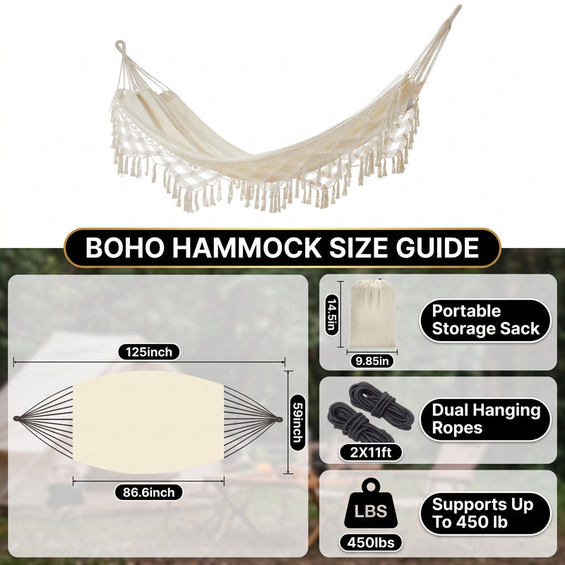 Boho Macrame Double Hammock Swing with Tassels – 2 Person Hanging Chair for Indoor & Outdoor Relaxation - 2