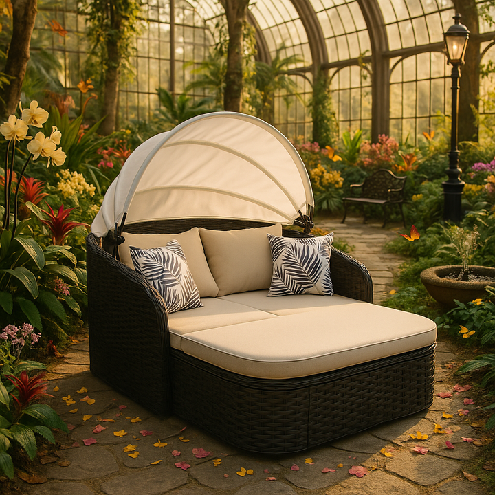 Luxe 48" Black Rattan Patio Daybed with Adjustable Canopy & Toss Pillows  