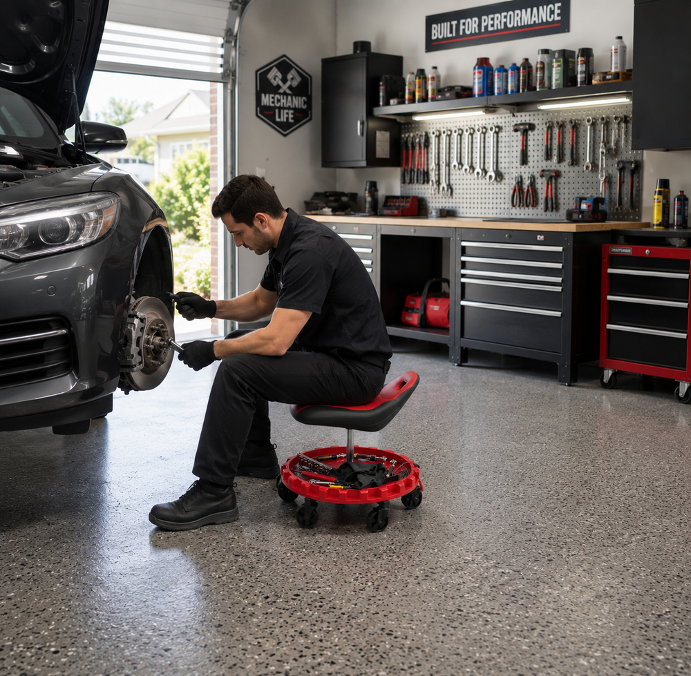 Rolling Mechanic Stool – Adjustable Workshop Seat with Tool Tray & Casters - 2