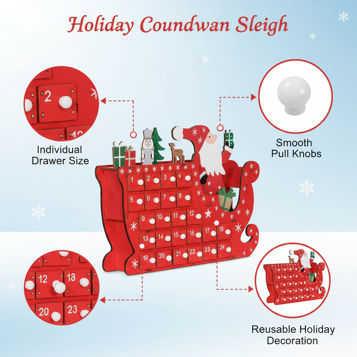 HOMCOM Wooden Christmas Advent Calendar with 24 Countdown Drawers, Reusable Holiday Decor Xmas Gift for Kids Adults, Red