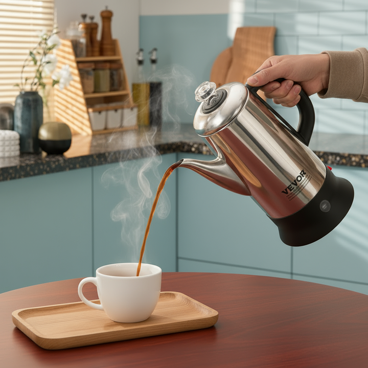 VEVOR 12-Cup Electric Percolator Coffee Pot, 304 Stainless Steel Coffee Percolator with Keep Warm Function & Heat-Resistant Handle, Classic Coffee Maker, Quick Brew & Easy-Pour Spout, Silver