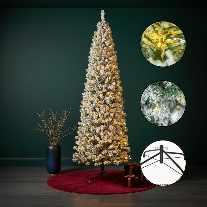 9ft Pre-Lit Snow-Flocked Slim Douglas Fir Artificial Christmas Tree with Realistic Branches, 550 LED Lights and 988 Tips