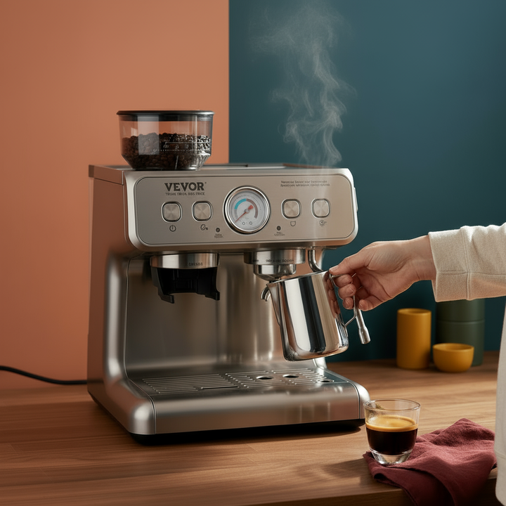 VEVOR Espresso Machine with Grinder, 15 Bar Semi-Automatic Espresso Coffee Maker with Milk Frother Steam Wand, Removable Water Tank & Pressure Gauge for Cappuccino, Latte, Machiato, PID Control System